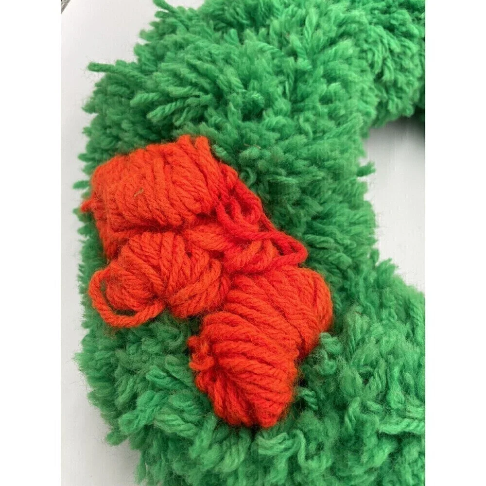 Vintage Handmade Green Crocheted Christmas Wreath  Red  Bow Holly Berries 14